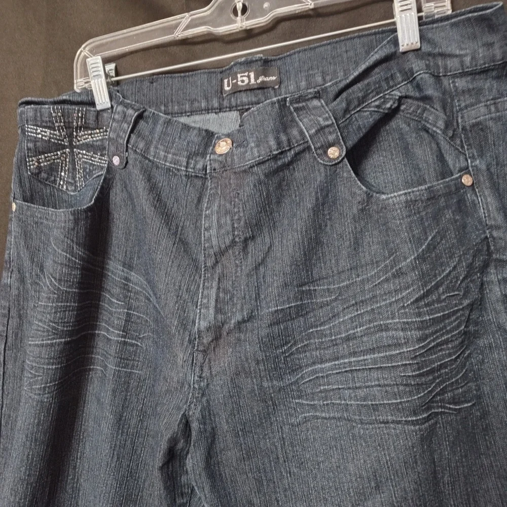 20 W jeans U 51 embroidered bling stretch dark blue straight crinkled
